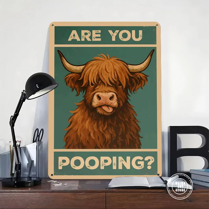 Funny Highland Cow Pooping 3D Texture Metal Poster Customized Wall Art Tin Sign Gift for Mancave Office Decoration Gaming House