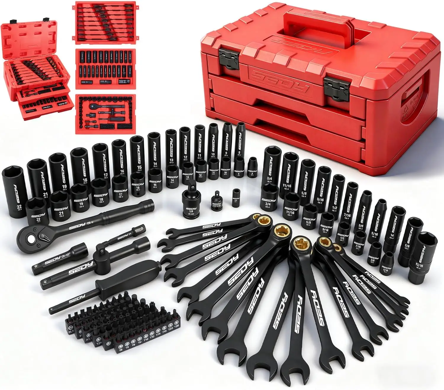 

132-Piece Mechanics Tool Set, SAE/Metric 1/4" & 3/8" Drive Socket Set, Ratcheting Wrenches, Extensions & Adapters, Quick-Release Ratchet, Professional Auto Repair Kit with Case