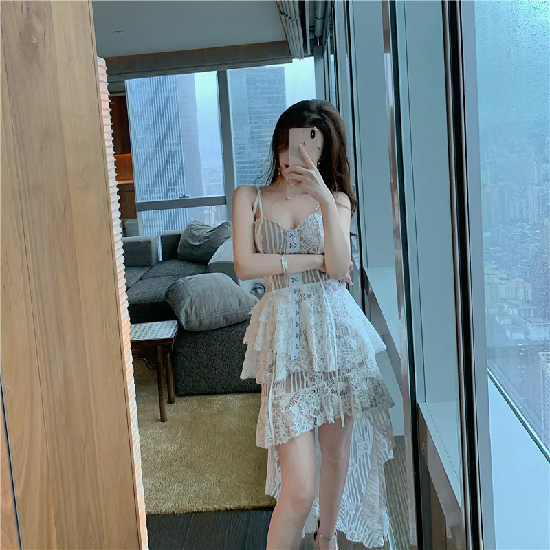 Damski seksowny głęboki dekolt krawat koronkowa perspektywiczna bielizna sukienka figlarna przezroczysta spódnica na ramiączkach koszula nocna dwuczęściowa komplet