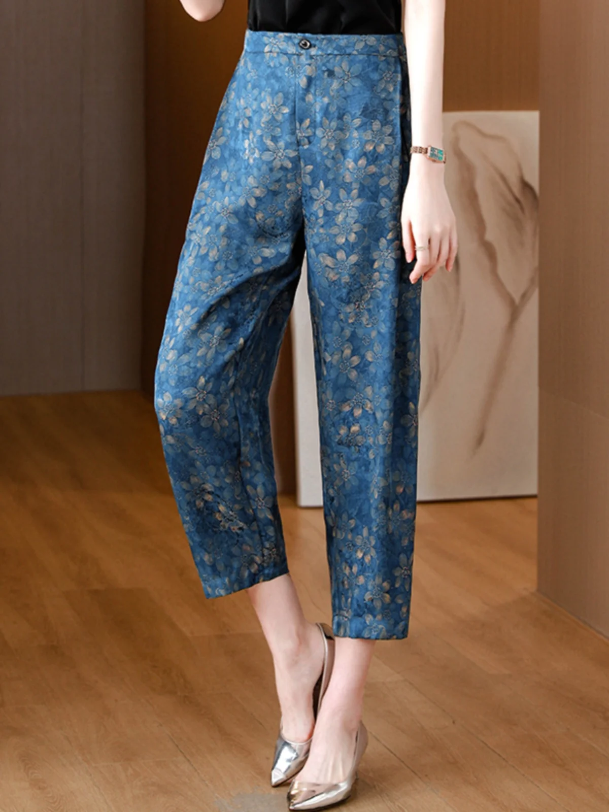 Pantaloni a carota in vita elastica Pantaloni lunghi slim fit con stampa in seta estiva Pantaloni casual a gamba dritta a vita alta da donna