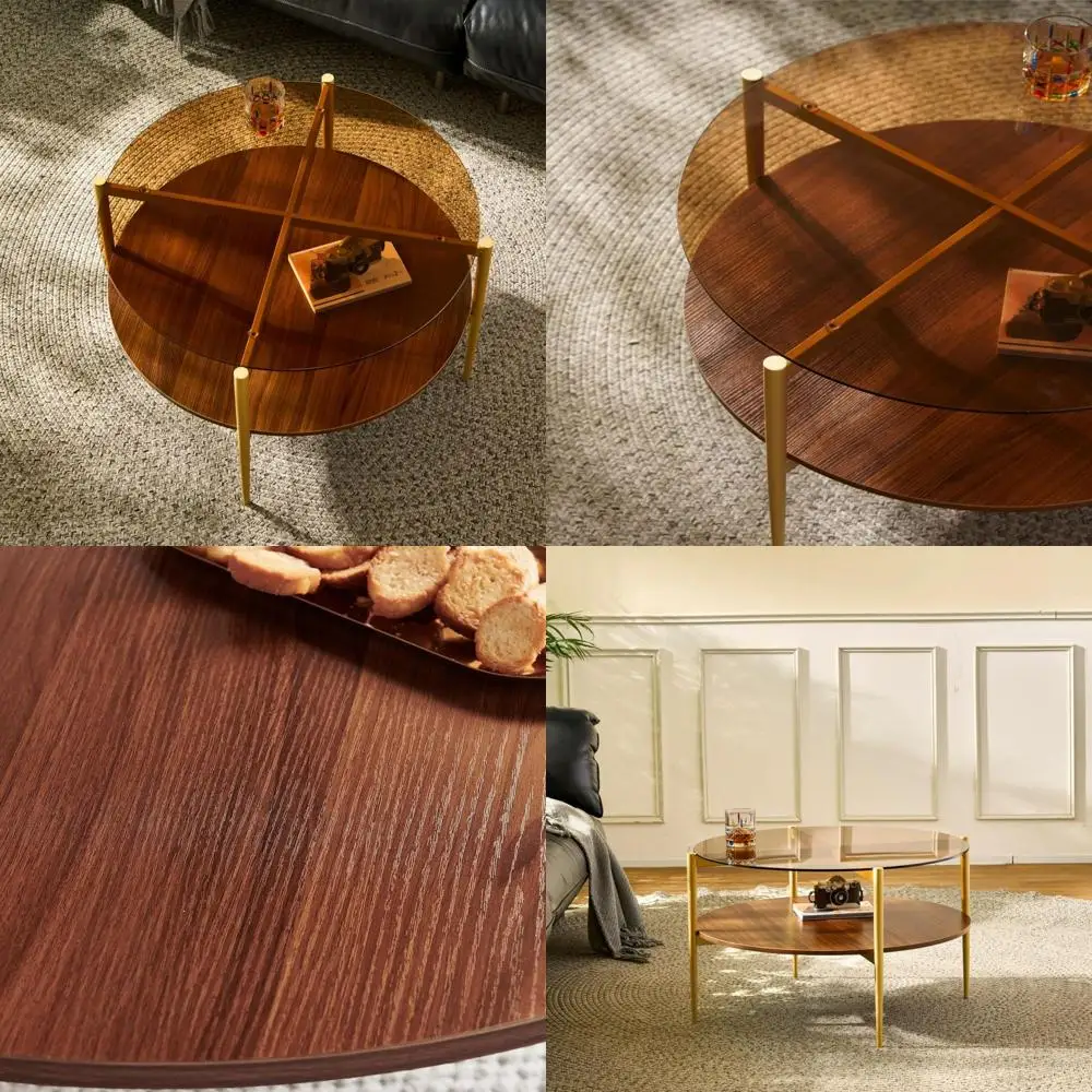 طاولة القهوة الحديثة في منتصف القرن، سطح القهوة والزجاج البني والجوز MDF، أرجل وإطار ذهبي #1