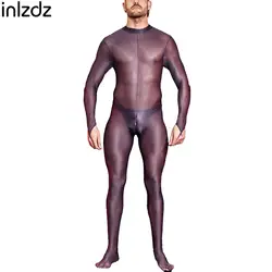 Mens One Piece Glossy Sheer Bodysuit Clubwear Round Neck Long Sleeve Back Zipper Full-body Jumpsuit Catsuit Tempting Nightwear