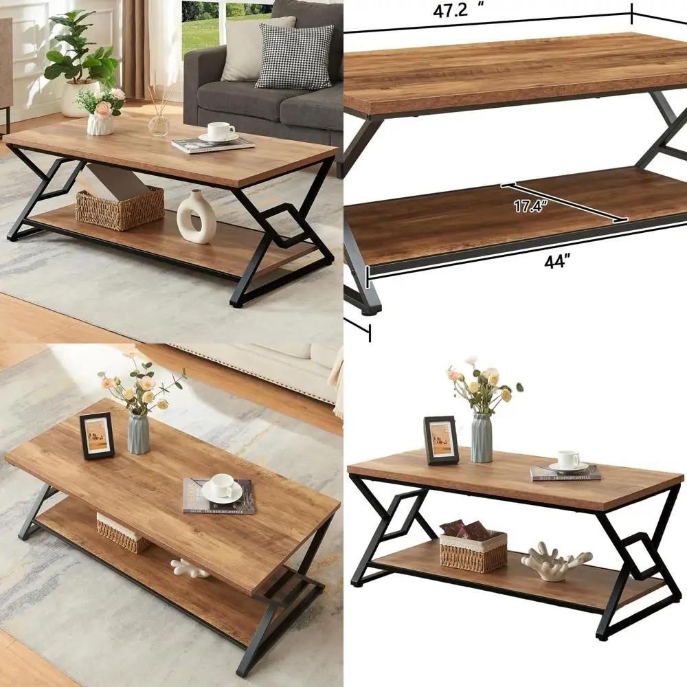 

Rustic Rectangular Coffee Table with 2-Tier Storage, 47 Oak Brown, Minimalist Living Room Centerpiece
