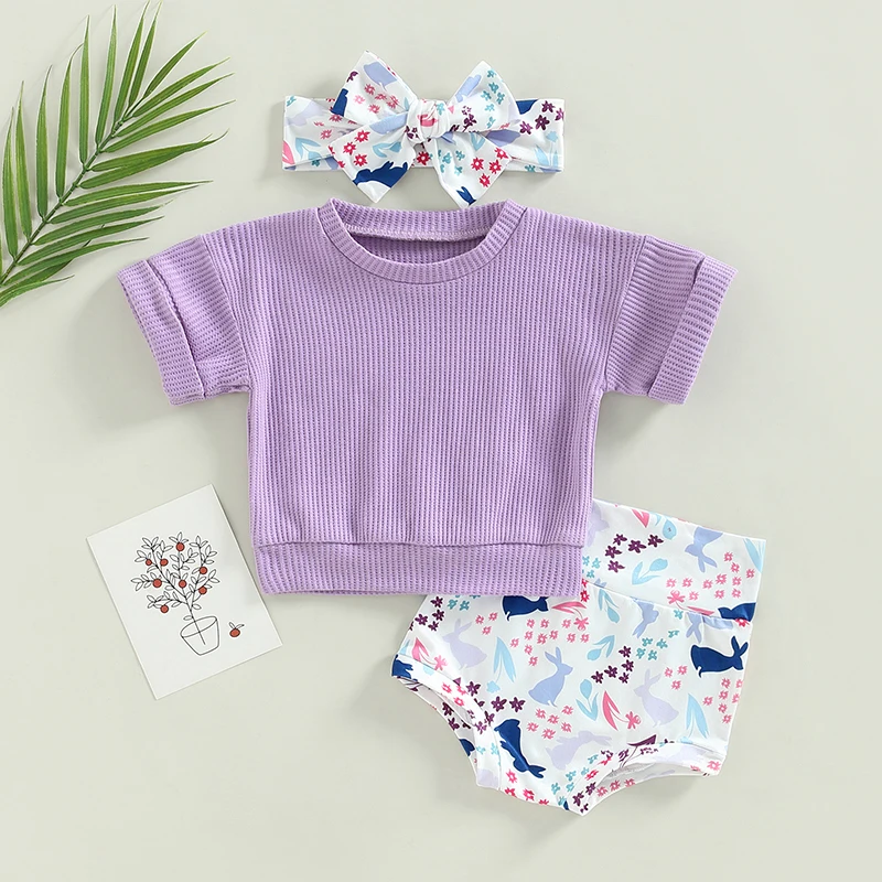 Adorables trajes de Pascua para niñas pequeñas, conjunto de camiseta y pantalones cortos de manga corta con estampado de conejito bonito y diadema a juego para verano