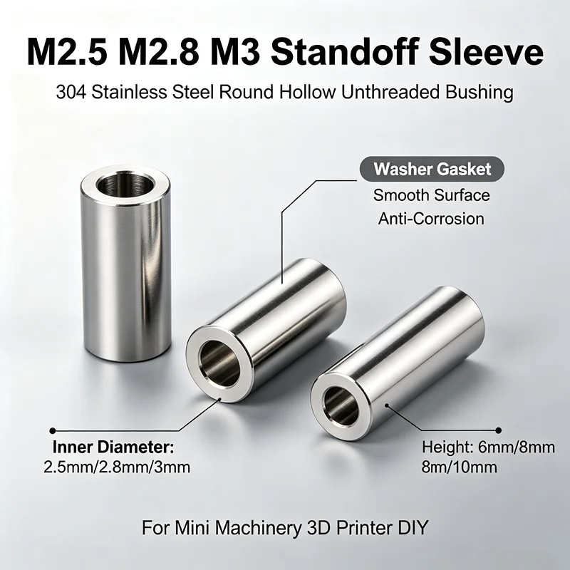 304 Stainless Steel Round Hollow Standoff Sleeve Unthreaded Bushing Gasket Washer Anti-Corrosion Smooth Spacer M2.5 M2.8 M3