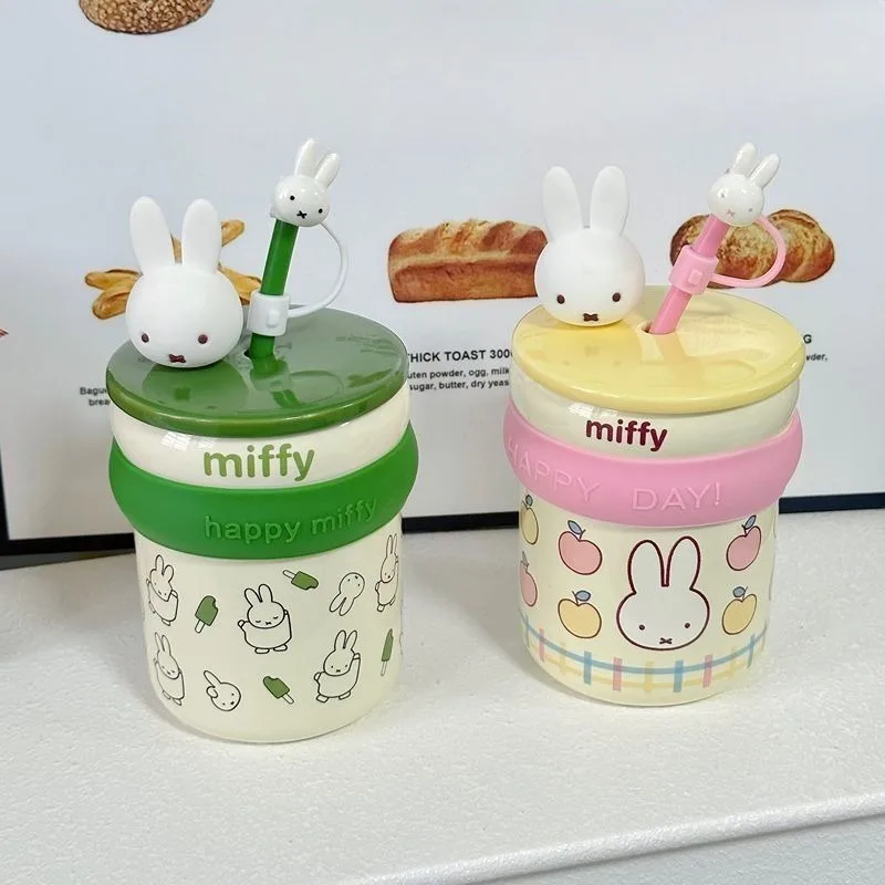 

New Kawaii Miffy Straw Cup Household Ceramic Cap Large Capacity Water Cup Student Couple Creative Makeup Birthday Gift