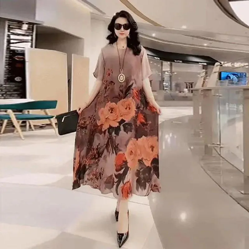 

2022 Summer Women's Clothing Silk Dress Fashion Vintage Print 5XL O-Neck Midi Dresses Elegant Pullover Female Vestido Clothing