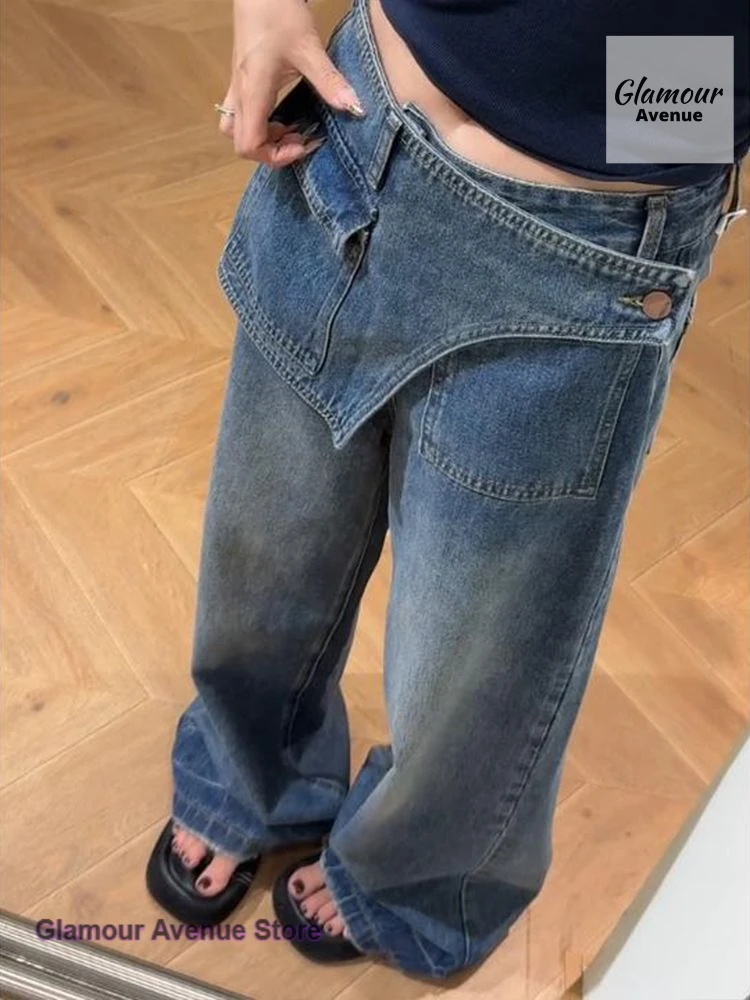 Korean fake two-piece design plus velvet padded straight jeans women's autumn and winter high waist slim wide-leg trousers