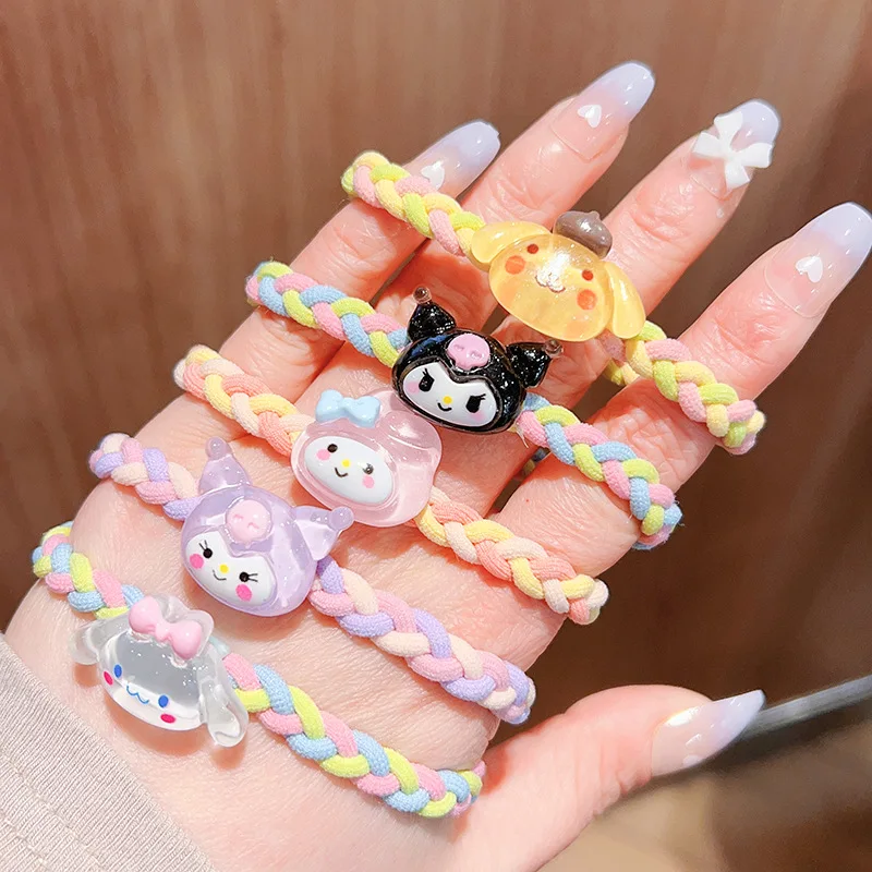 Cute Sanrio head rope rubber band ins Kuromi Pochacco braided high elastic hair ring hair rope Mori new ponytail tie head