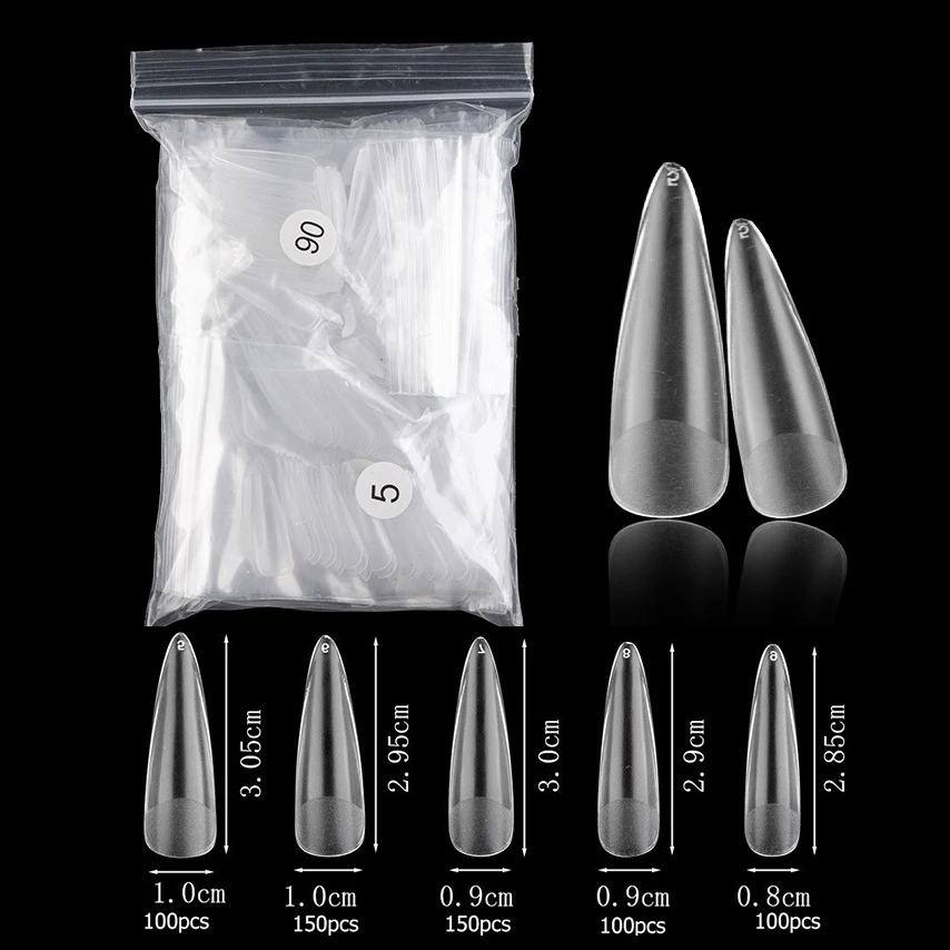 

600PCS 5 Sizes Only Size 5-9 Trackless Matte Clear Long Ballet Sharp Almonds Korea ABS Full False Nail Tips Manicure Accessories