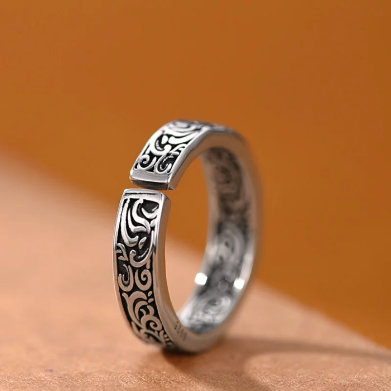 925 Silver Plated Tang Grass Pattern Retro Ring - Unisex Ancient French Style Finger Ring Gift