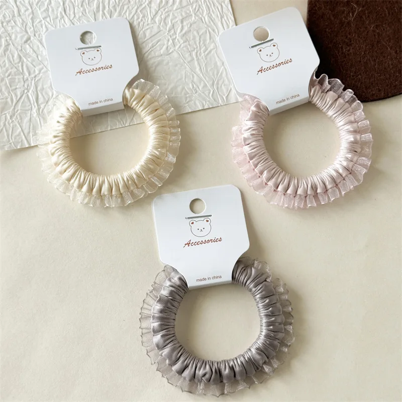 Gentle Color Elastic Hair Bands High Grade Satin Pleated Small Intestine Ring Hair Rope Double Pack For Two Ponytail Rubber Band