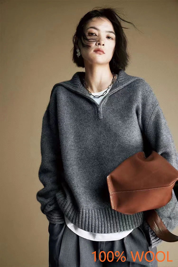 

Лидер продаж 2025 года, женский свитер из 100% мериносовой шерсти, вязаный пуловер на молнии с высоким воротом и лацканами, осень-зима, новая модная одежда, плотная теплая