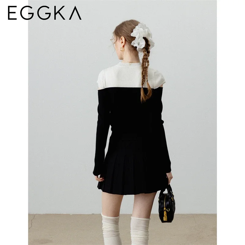 EGGKA Black White Patchwork Knit Tops for Women Autumn Hollow Design Long-sleeve Shirts OL Fashion Knitwear Scooped Shoulder Tee