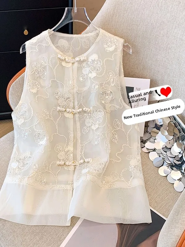 

Новый китайский жилет на пуговицах с вышивкой, женский высококачественный дизайн с тяжелой вышивкой, топ, весна 2025 г.