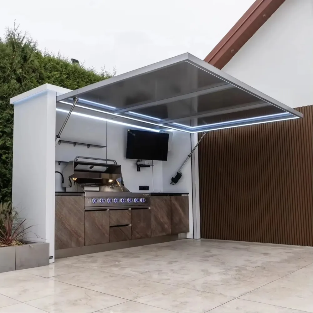 Commercial Outdoor Kitchen BBQ Grill Cabinet Custom, Modular Gas Cooking Set with Canopy Stainless Steel for Garden Patio Hotel