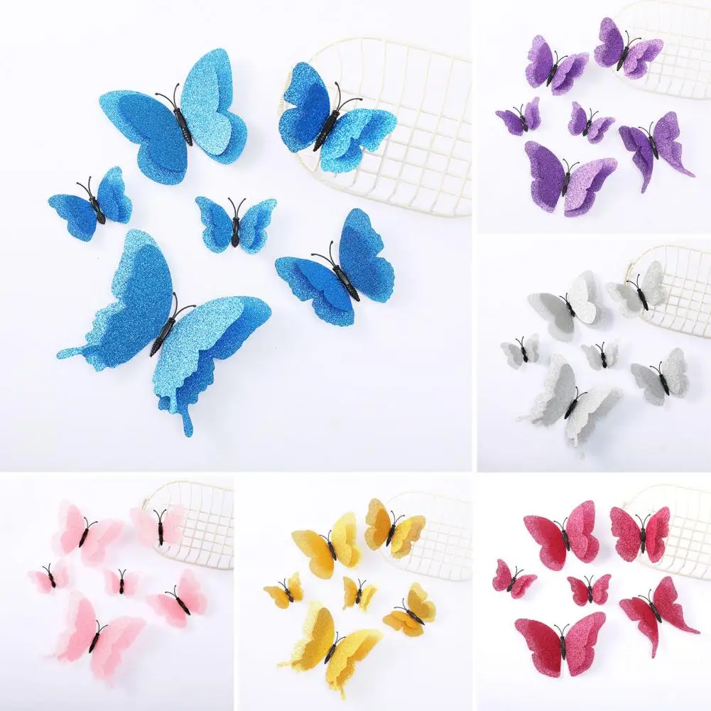 Bedroom Wall Decoration Removable Wall Sticker 6 Pcs 3d Glitter Butterfly Wall Decor Set Double Layer Wing Decals for Kids