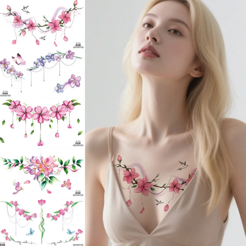 

Sexy Colorful Flowers Chest Tattoo Stickers Summer Holiday Women Breast Tattoo Decorations Body Art Transfer Tattoo Art Decals