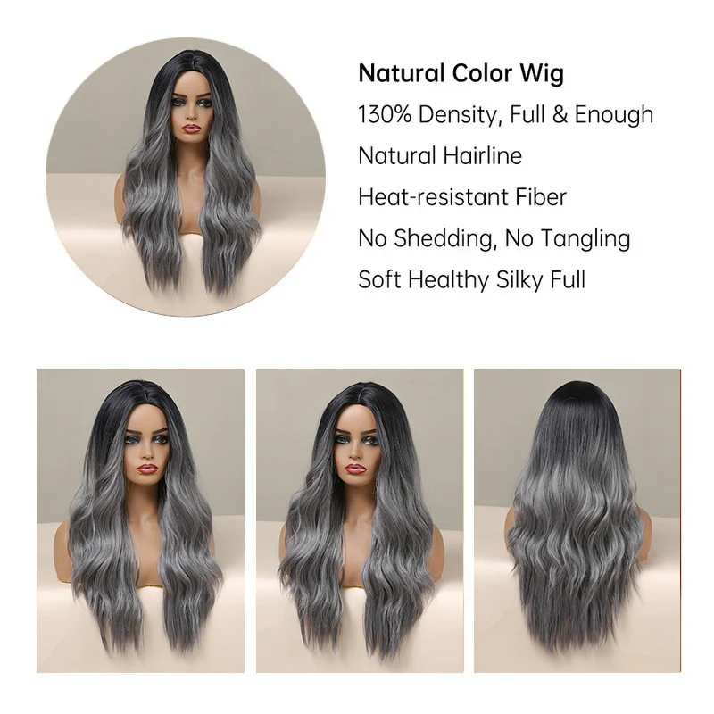 ALAN EATON Wig sintetik gelombang abu-abu Ombre untuk wanita Wig biru abu-abu Cosplay panjang bagian tengah alami tahan panas rambut