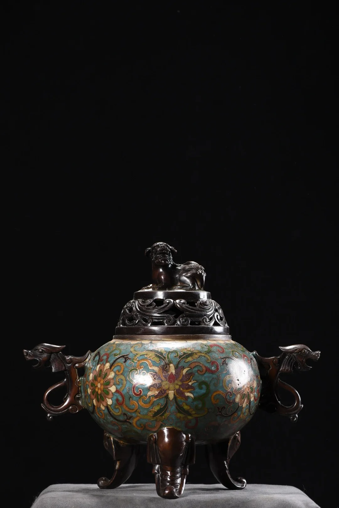 

8"Tibetan Temple Collection Old Bronze Cloisonn Enamel Lion Statue Cover Dragon Ear Three Legged Incense Burner Town house