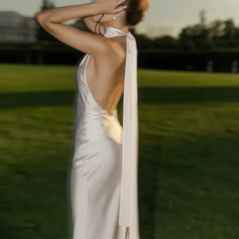 Sexy Halter Ribbon Backless Long Dresses Woman Spring Solid Satin Tight Gowns Evening Dress Summer Sleeveless Hollow Boho Dress