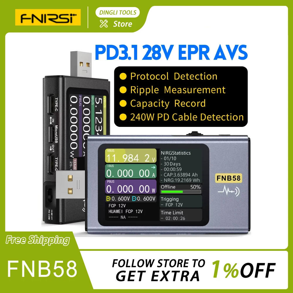 Fnirsi Fnb58 Usb Tester Voltmeter Ammeter Type-C Fast Charge Detection Trigger Capacity Measurement Ripple Measurement