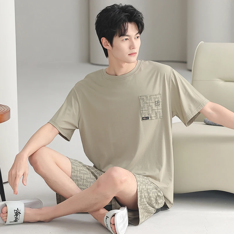 High Quality Summer Men Short Sleeve Pajamas Set Knited Cotton Pyjama Male Solid Sleepwear