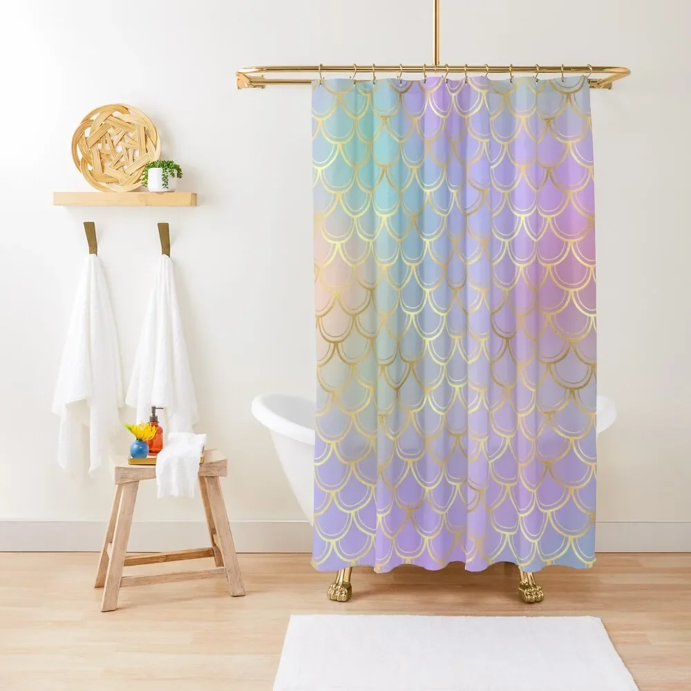 Golden Mermaid Glitter Scales Shower Curtain Glitter Shiny Rainbow Shower Curtains Bathroom Decor Polyester Waterproof Bath Set