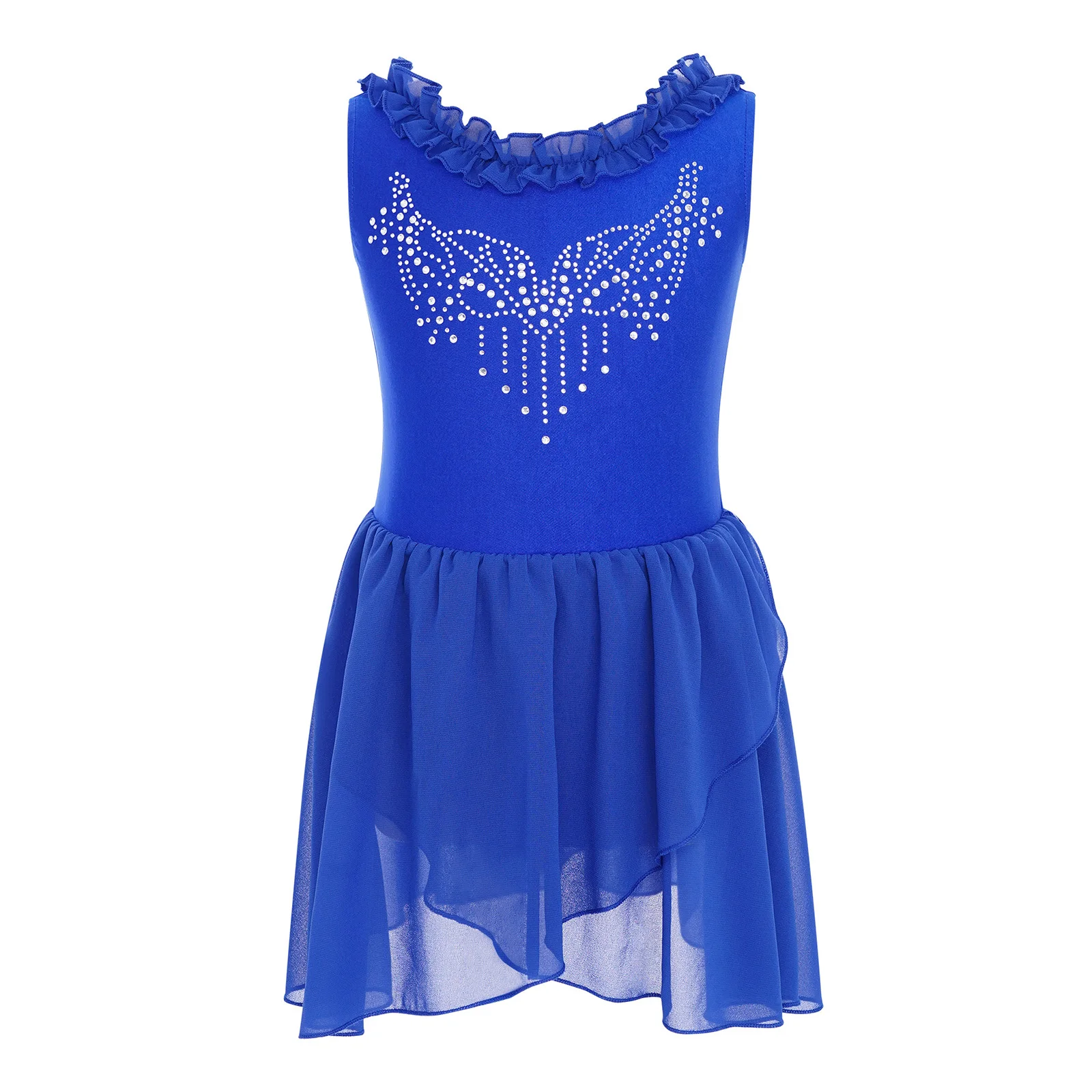 فساتين رقص الباليه للأطفال البنات بأحجار الراين المتلألئة وياقة مكشكشة بدون أكمام على شكل حرف U من الخلف لمنافسة الأداء