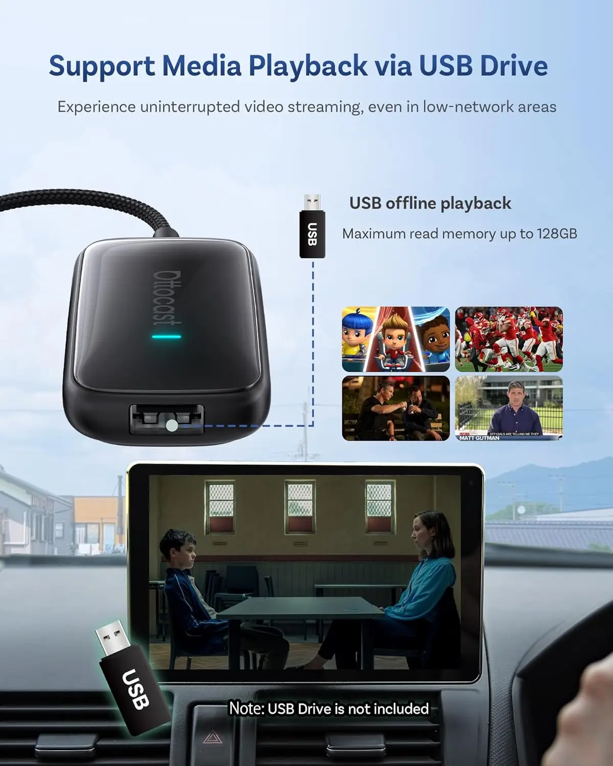 محول Play2Video Wireless CarPlay Android Auto مع مشغل فيديو مدمج لـ Netflix، YouTube، IPTV - توصيل وتشغيل البث D