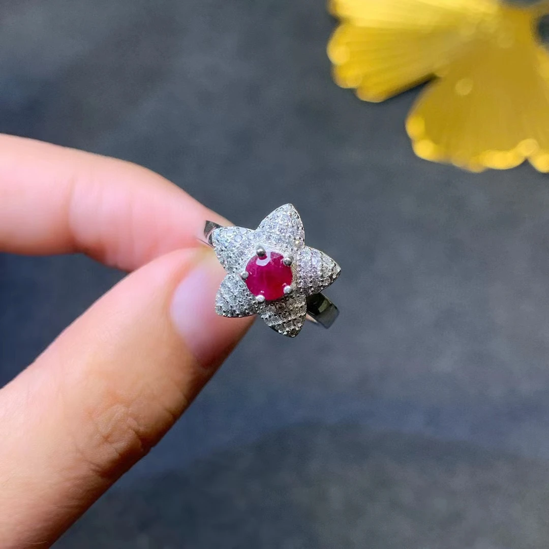 Fashion 925 Silver Star Ring 5mm 0.5ct Natural Ruby Ring No Fading 3 Layers 18K Gold Plating 925 Silver Ruby Jewelry