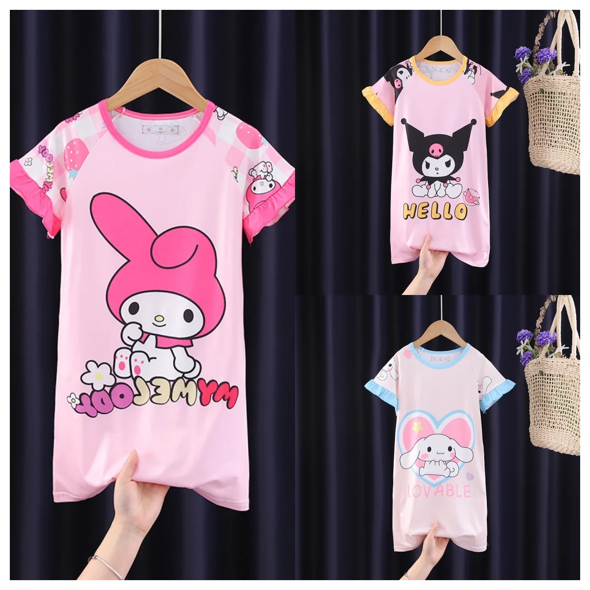 

Anime Sanrio Cinnamoroll Children's Pajamas Kawaii Nightgown Cute Kuromi Nightdress Short-sleeve Sleepwear Dress Girl Gift