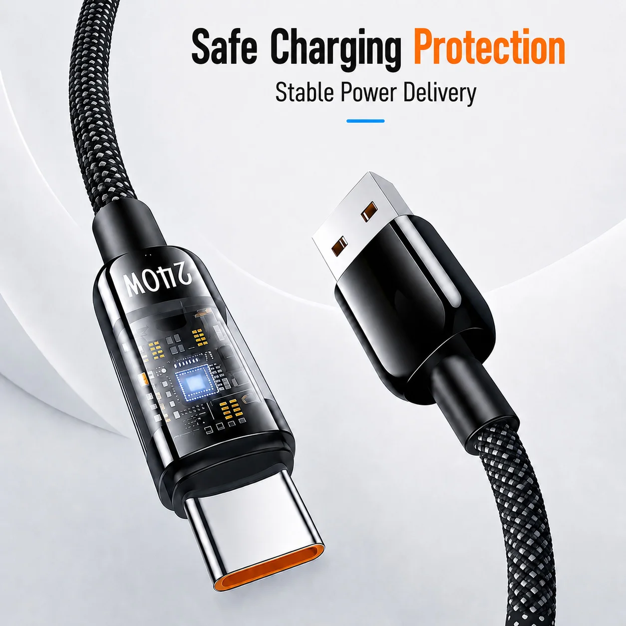 240W 10A USB C Fast Charging Cable Nylon Braided Transparent Type C Data Cord for Samsung Huawei Xiaomi High Speed Charger Wire