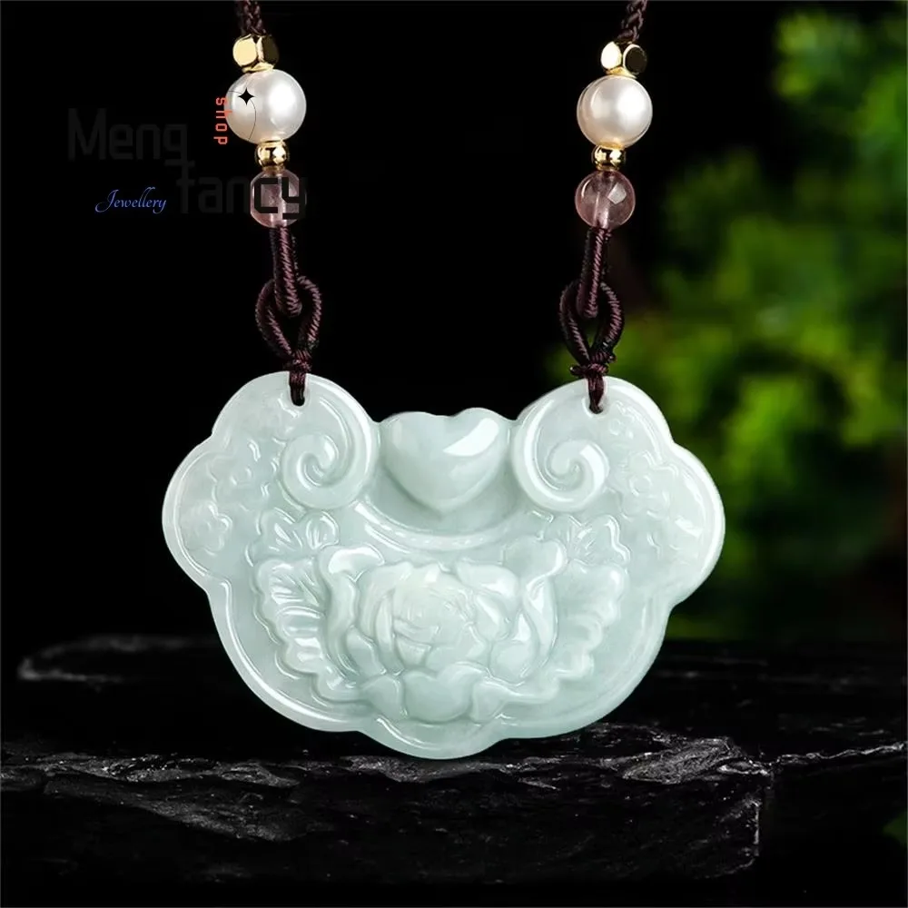 

Natural A-goods Jadeite Blue Water Blossoms Rich And Auspicious Jade Pendant Exquisite Handicraft Best Selling Fashion Jewelry
