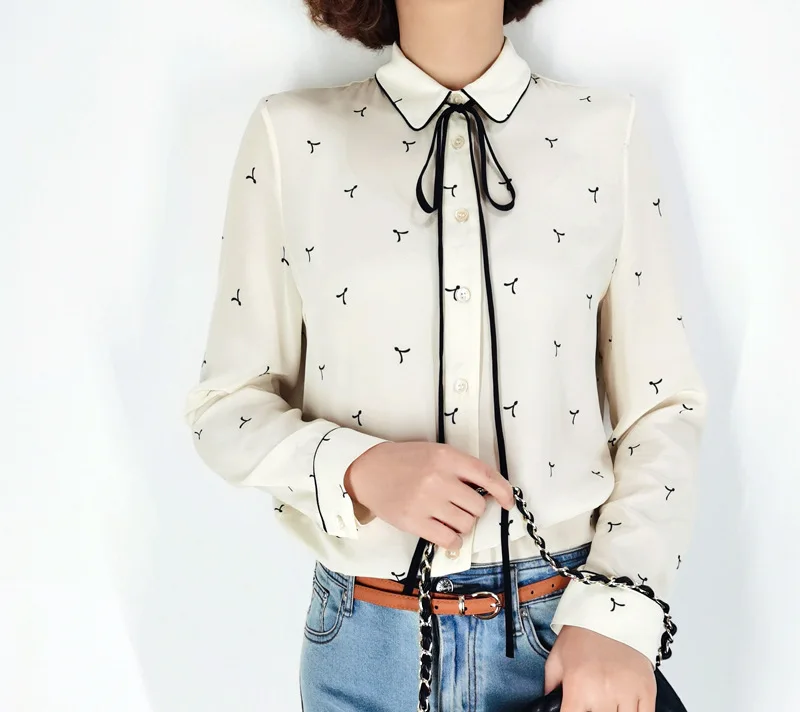 Birdtree 100%Real Silk Women Lace-up Shirt Bow Collar Vintage Print Long Sleeve Commute Blouse Office Lady 2024 Spring T41115QM
