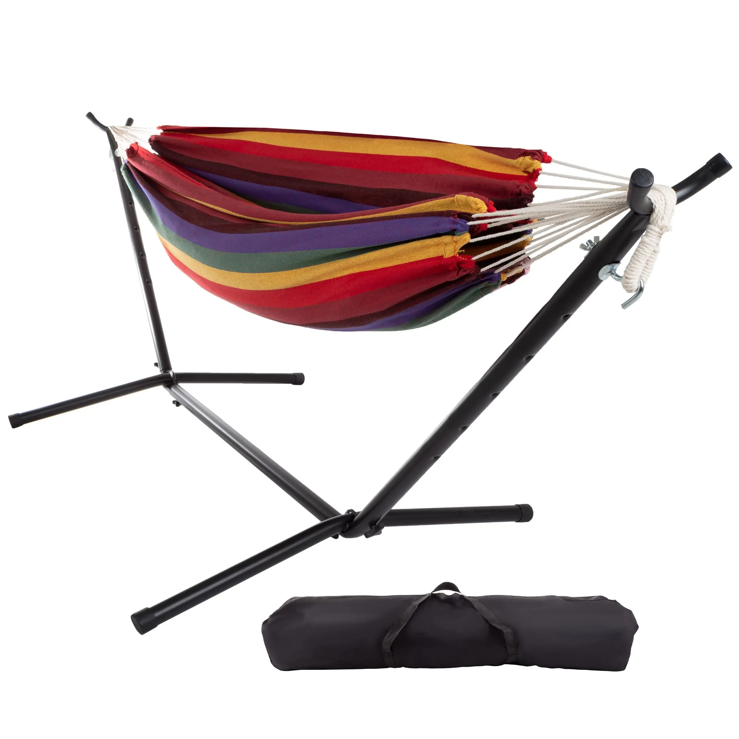 

Double Brazilian Hammock With Steel Stand Woven Cotton Two-Person Outdoor Swing For Backyard Patio Camping