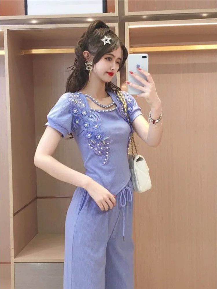 Trousers Woman Top and Purple Pant Sets for Women 2 Pieces Flowers Holiday Outfits Summer 2024 Korea Stylish Korean Style Bottom