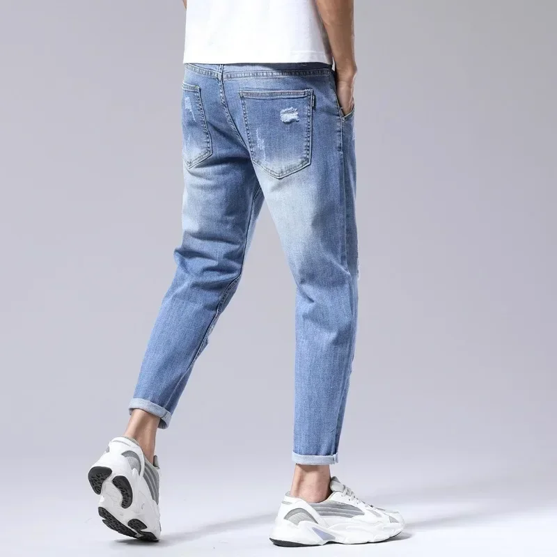 Pantalones vaqueros rasgados azul claro para hombre, talla grande 44 46 48, Harem, rayado, agujeros casuales, Hip Hop, hasta el tobillo, más