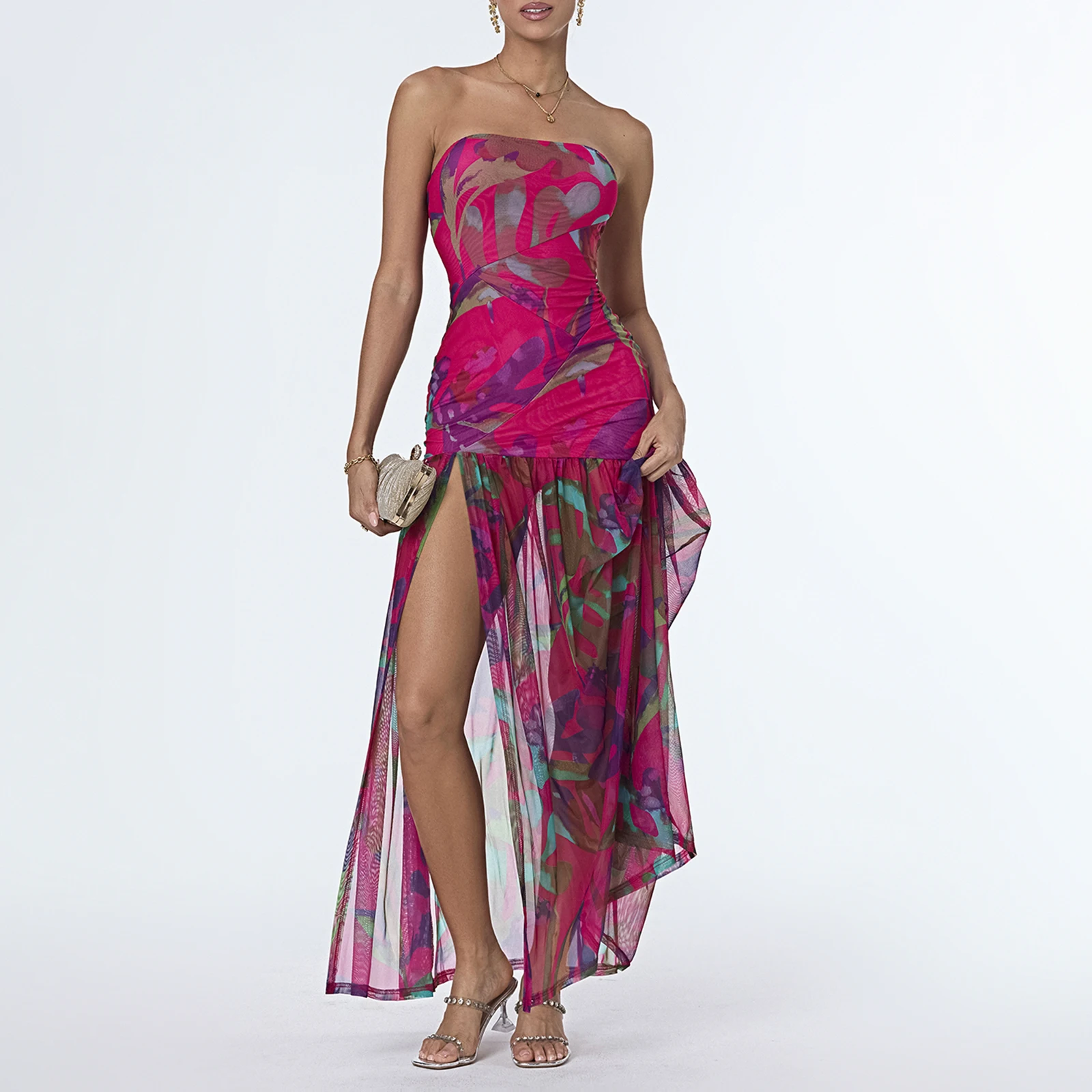 Women's Tube Top Dress Slim Strapless Backless Mesh Patchwork Tropical Leopard Print High Slit Long Dress for Party Club Night