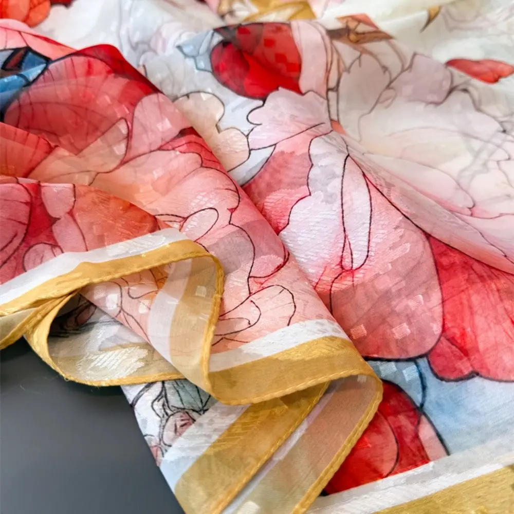 

Модный женский шелковый платок 180*70 см с пионами, мягкий, роскошный, солнцезащитный, летний головной платок для женщин