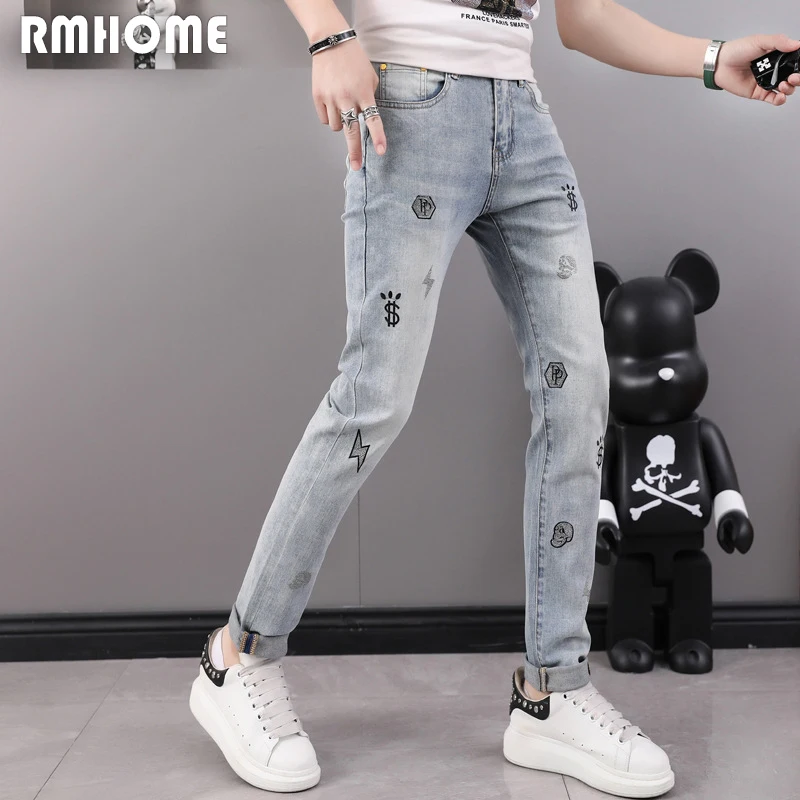 New Trend Men Jeans Embroidered Rhinestone Fashion Design Man Pencil Pants Slim Fit High quality Versatile Trousers Denim Pants