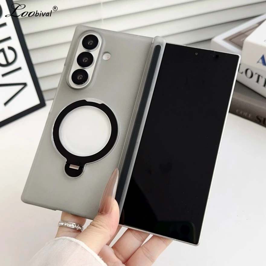 360 Rotating Bracket Clear Magnetic Case for Samsung Galaxy Z Fold 7 6 5 4 zfold Ring Holder Stand Hard Acrylic Matte Cover
