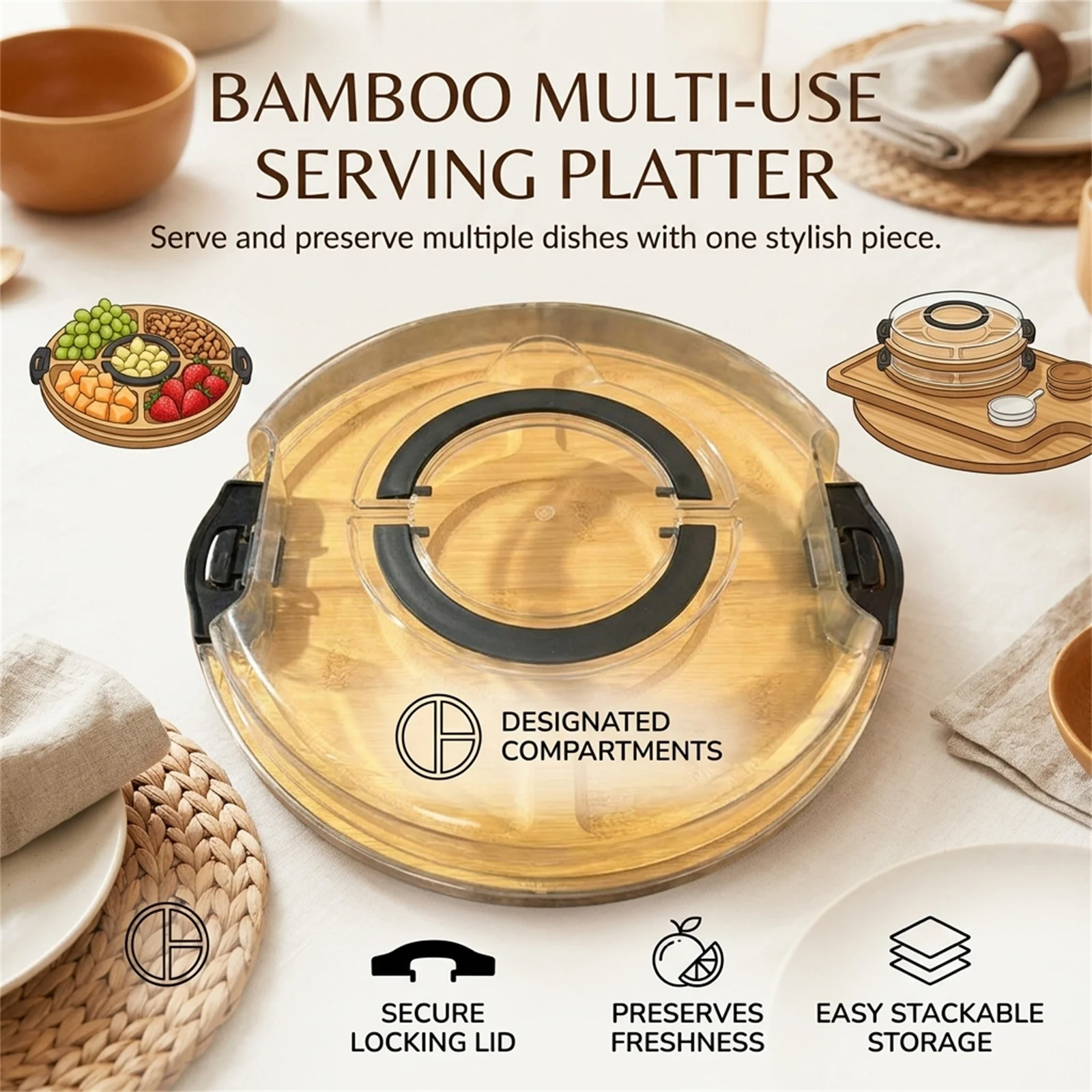 

Bamboo Compartment Tray with Lid Lock Design for Kitchen and Dining Use
