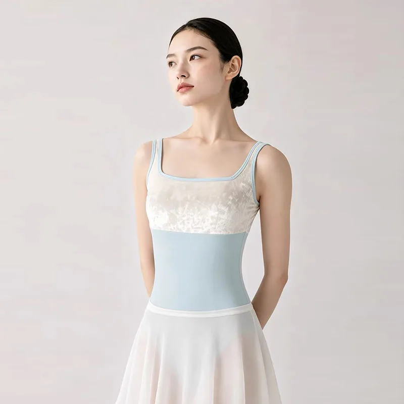 Women Square Neck Ballet Leotard, Luxury Diamond Velvet Top Patchwork Color Stretchy Bodysuit for Ballet Dance Gymnastics Studio