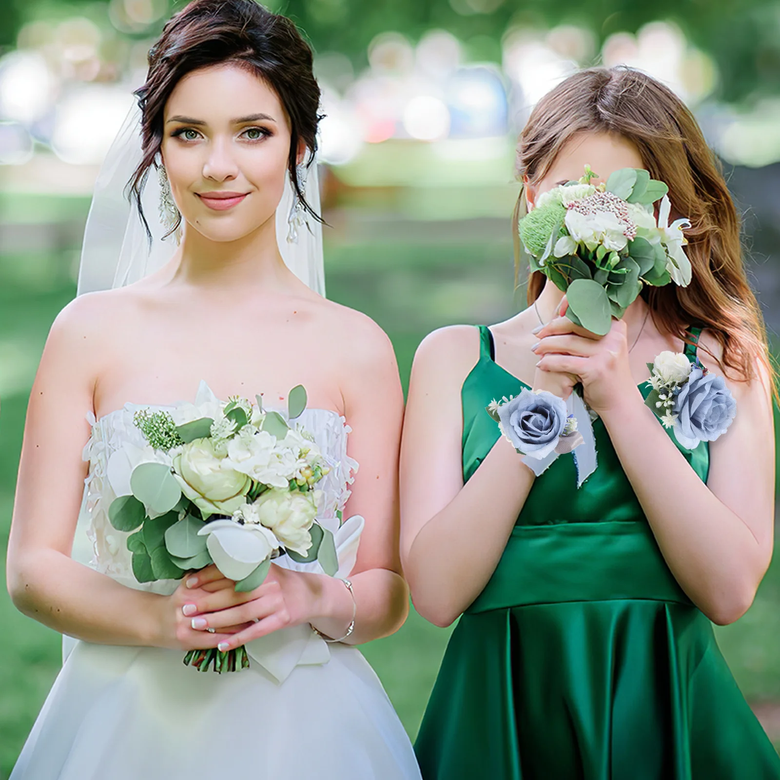 

1Set Artificial Flower Wrist Corsage and Boutonniere Set Cloth Material Reusable Wedding Photo Prop for Bride Groom Bridesmaid