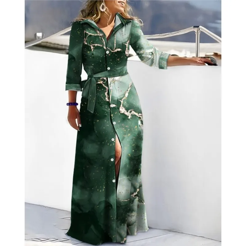 Shirt Dress For Women 2024 Long Sleeve Turn Down Collar Lace Up Print Vestidos Spring New Casual Fashion Big Swing Maxi Dresses