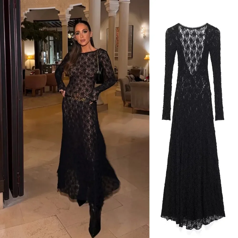 BWQ Vestido largo elegante de encaje negro de manga larga para mujer, diseño transparente, dobladillo acampanado, ideal para ocasiones formales y de fiesta 2025