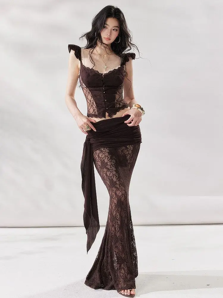 French Sexy Dark Brown Lace See-Thru Ruffle Sleeve 2 Piece Set Women Crop Top Mermaid Skirt Slim Fit For Party Club Wear Outfit