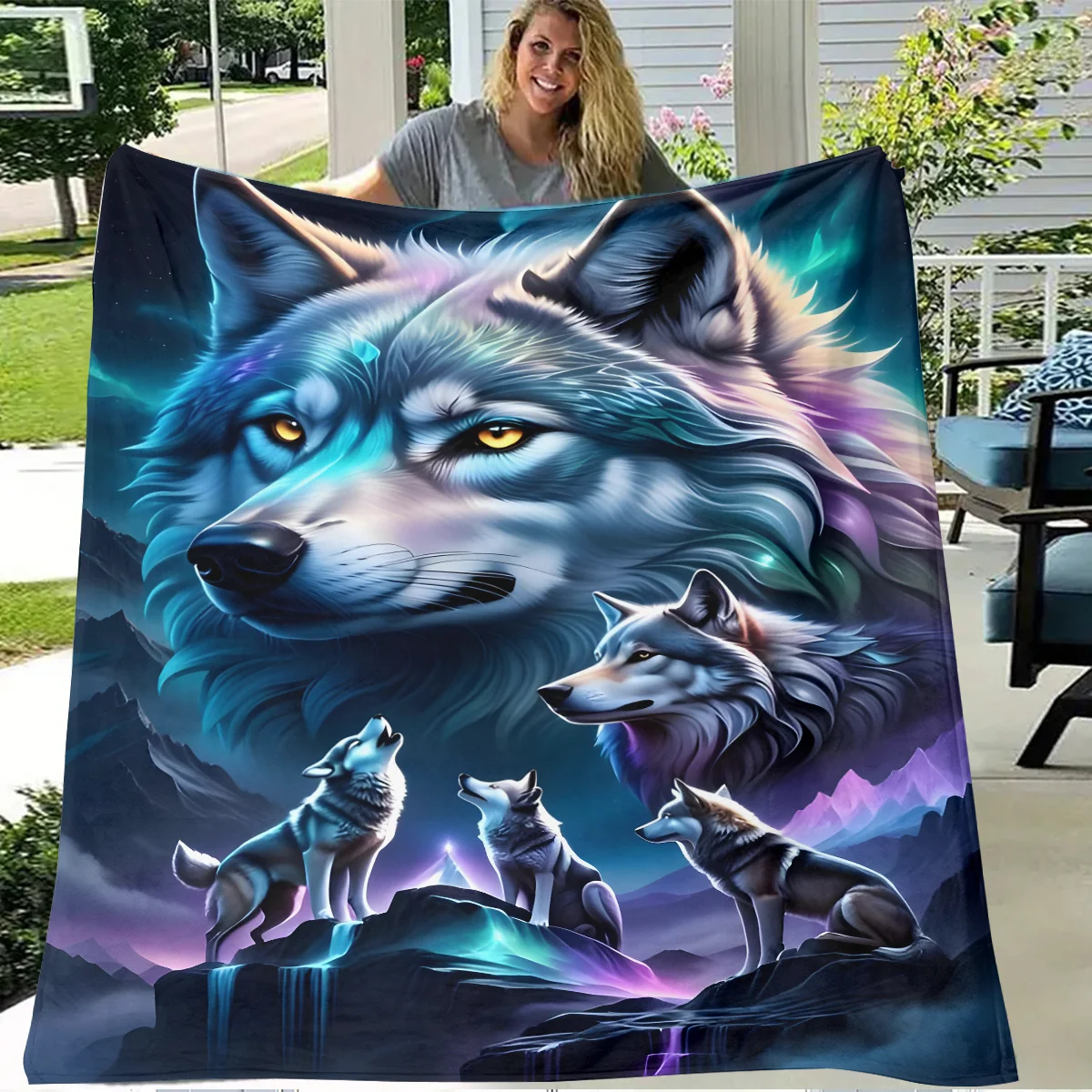 

Bohemian Wolf-Themed Flannel Blanket – Hypoallergenic Soft Polyester, HD Digital Print, All-Season Cozy Throw for Bed or Sofa
