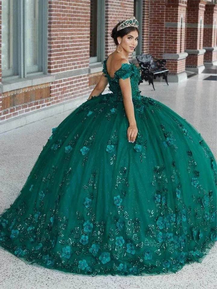 Vestido Quinceanera com lantejoulas fora do ombro, vestido de baile 3D, doce 15 anos princesa baile, verde esmeralda